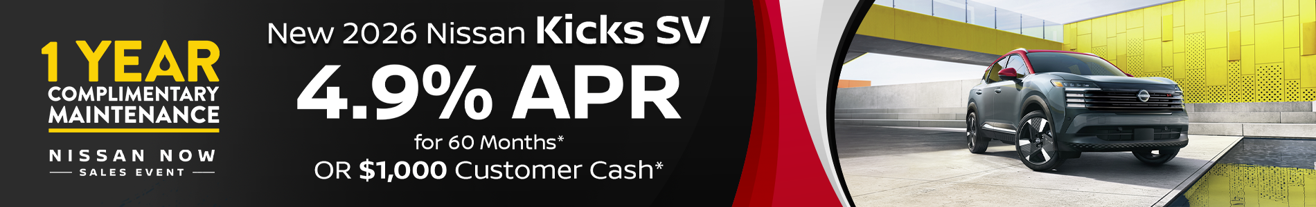 Get 4.9% APR for 60 months or $1,000 Customer Cash on a 2026 Nissan Kicks SV at All Star Nissan